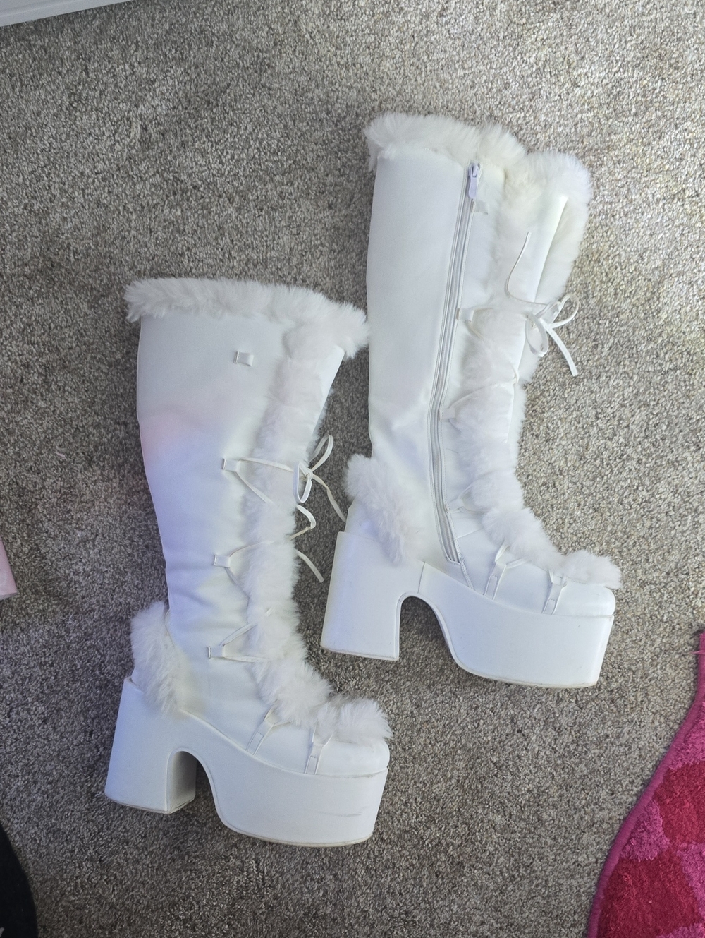 White Faux-Fur Platform Knee-High Boots